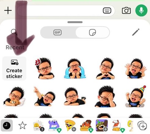 WhatsApp sticker tray showing the Create sticker button